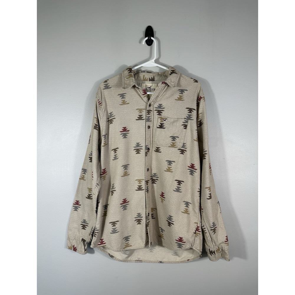 Hollister Shirt Mens Large Beige Southwestern Flannel Button Up Geometric Print